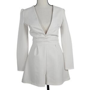 White Very deep low V-Neck Long Sleeve Romper Sz Small Boss Lady Club